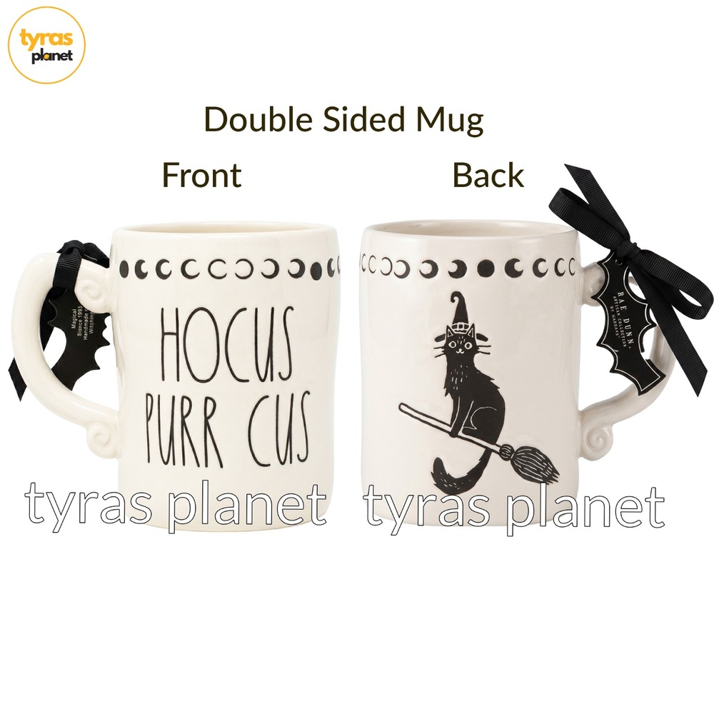 Rae Dunn Halloween Mug Black Cat Hocus Purr Cus Moon Phases Broomstick Witch Hat